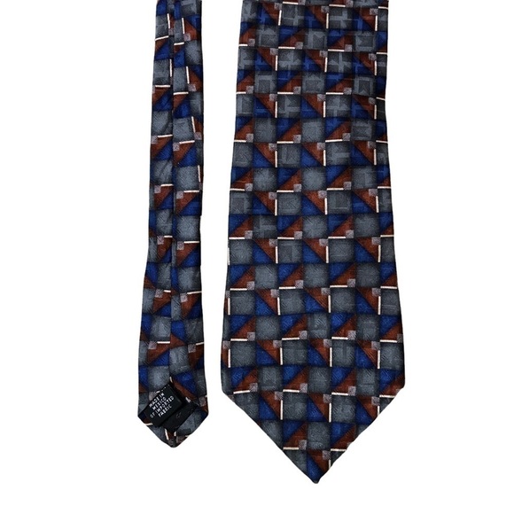 Oscar De La Renta Mens Tie Neckwear Blue Grey Brown Geo Print Silk Vintage - Picture 1 of 4